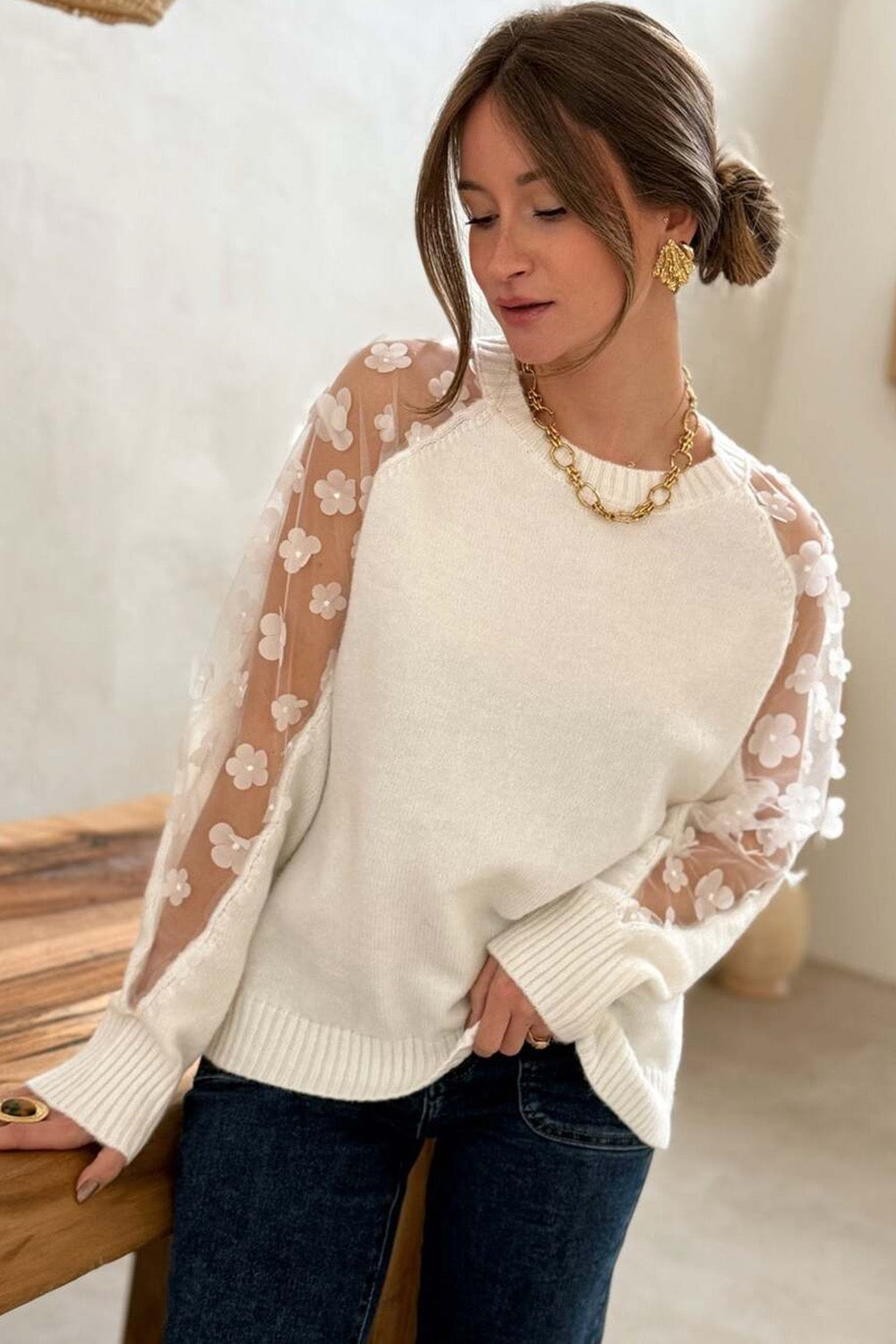 3D Sheer Flower Sleeve top