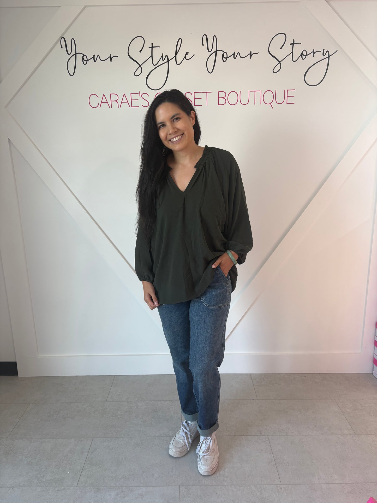Flowy Dark Green Long Sleeve Blouse