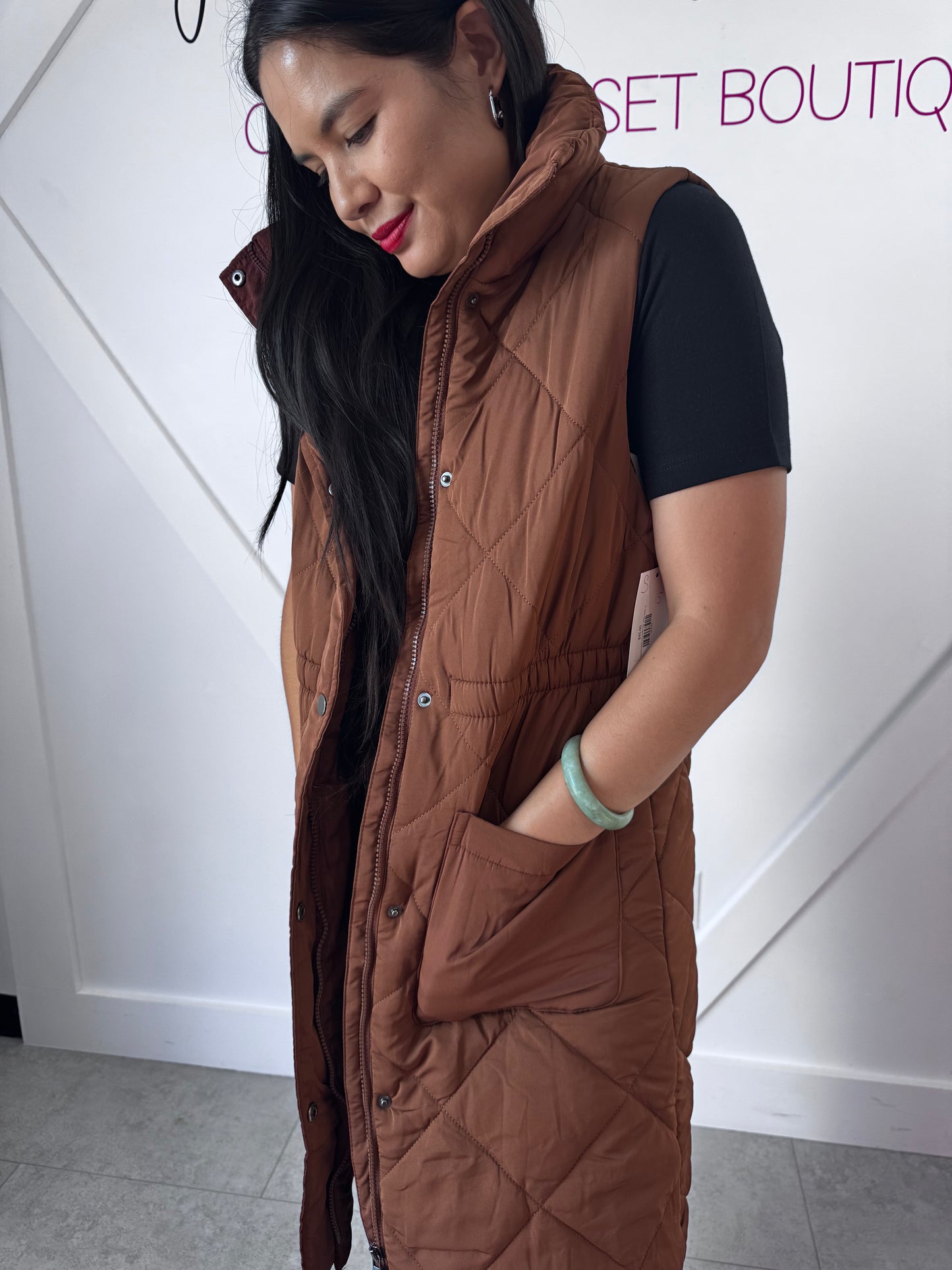 Cinched Waist Long Puffer Vest