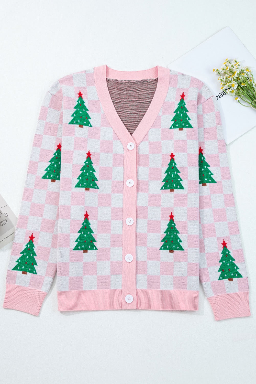 Christmas Pink Check Tree Cardi