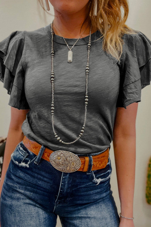 Gray Ruffled Sleeve Tee