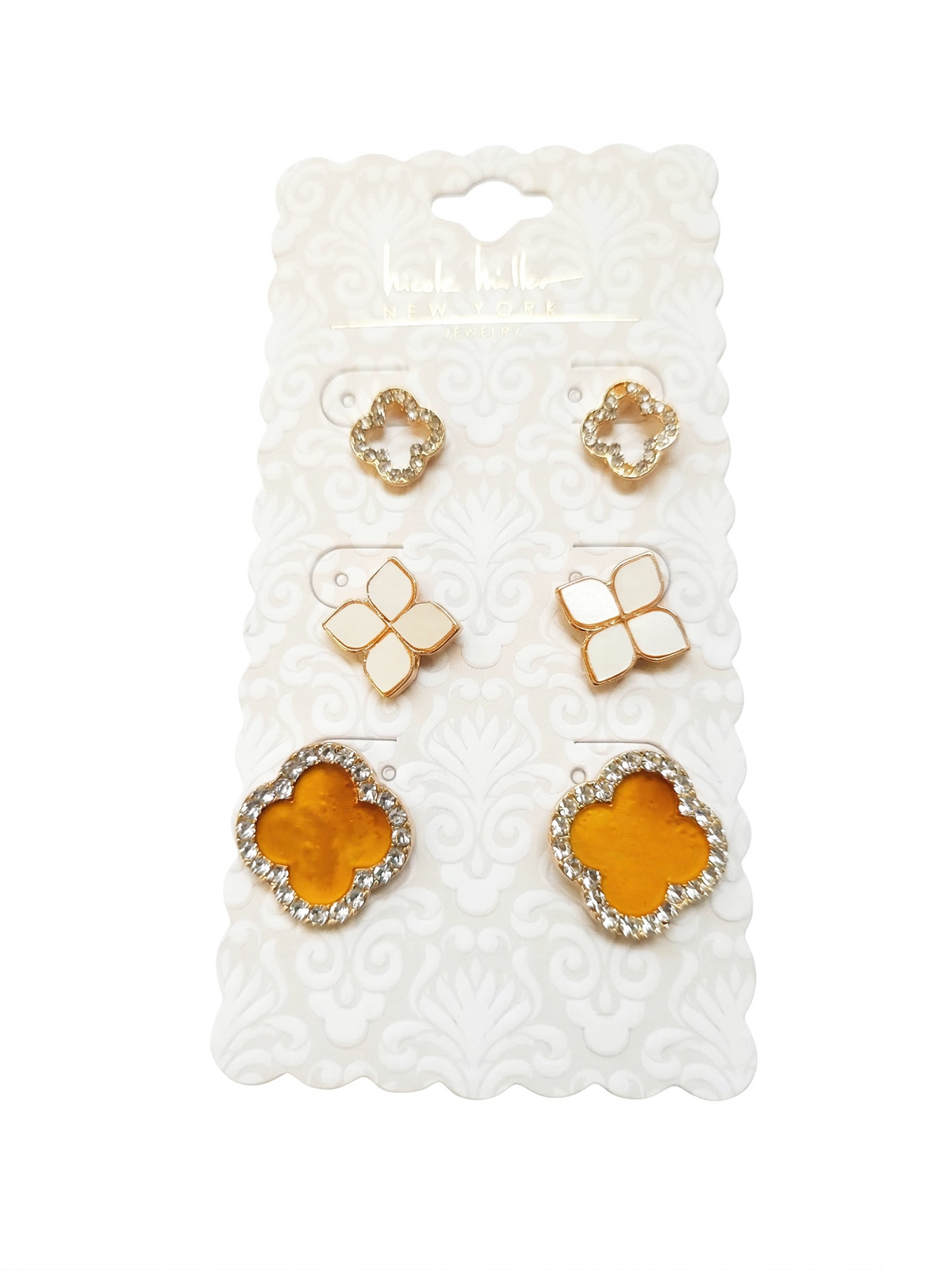 Set of 3 Mother Of Pearl and Brown Clover Motif Studs