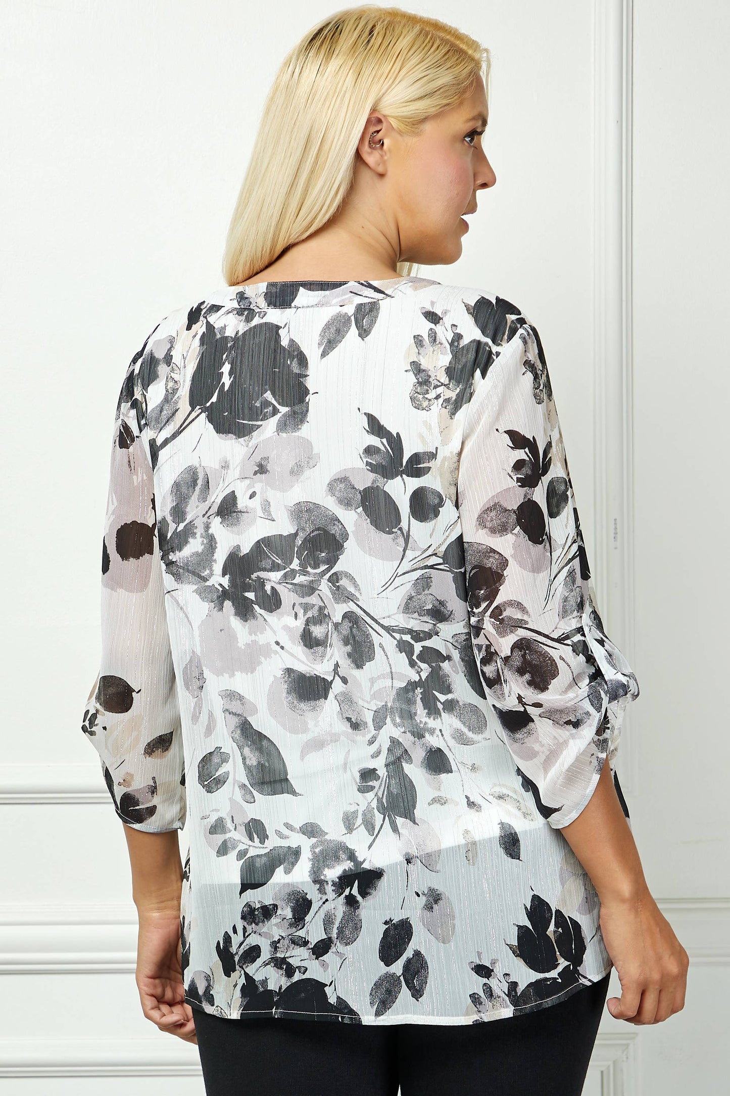 PLUS SIZE RUSHED TAB SLEEVE HENLEY BLOUSE