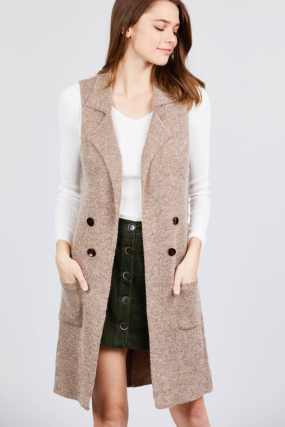 Notched Collar With Side Pocket Long Sweater