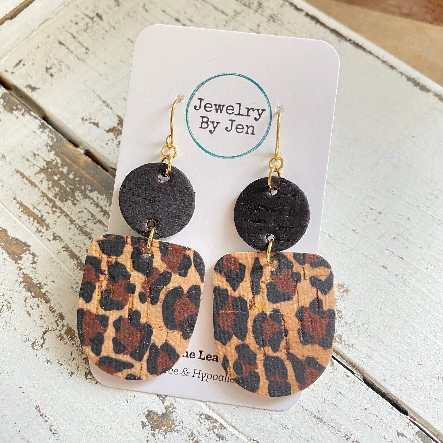 Boho Dangle Earrings: Black & Cheetah Cork
