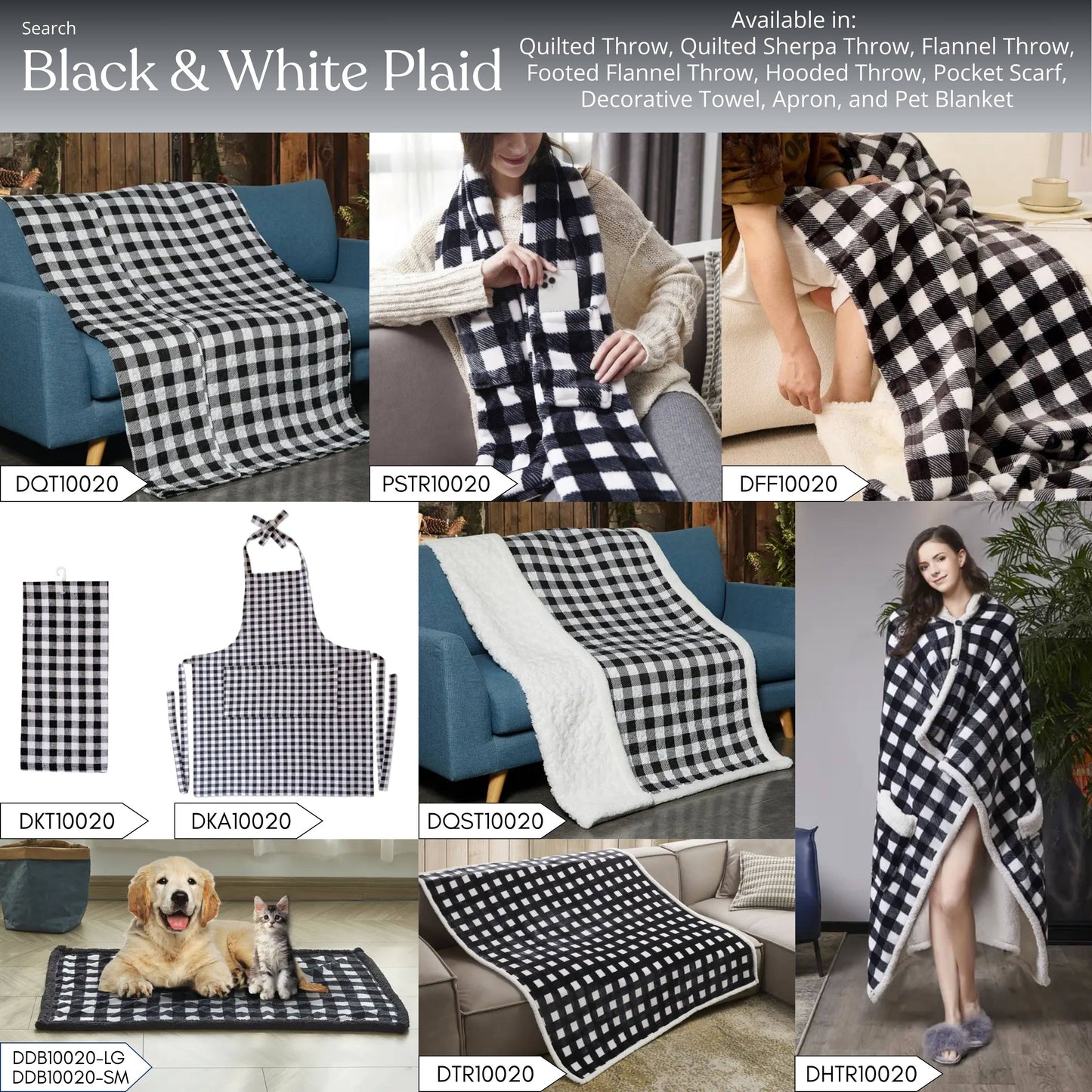 "Black & White Plaid" Footed Flannel Throw 50"x70"