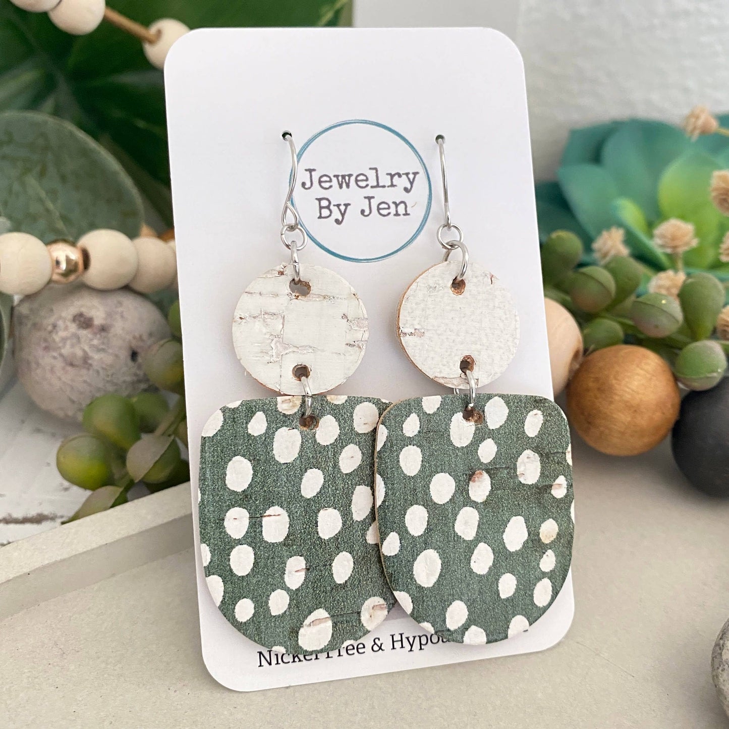 Boho Dangle: White & Green Spotted