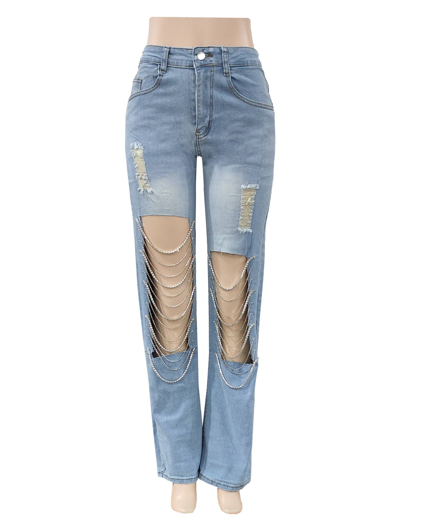 Denim & Diamonds Rhinestone Chain Ripped Cut Out Jeans