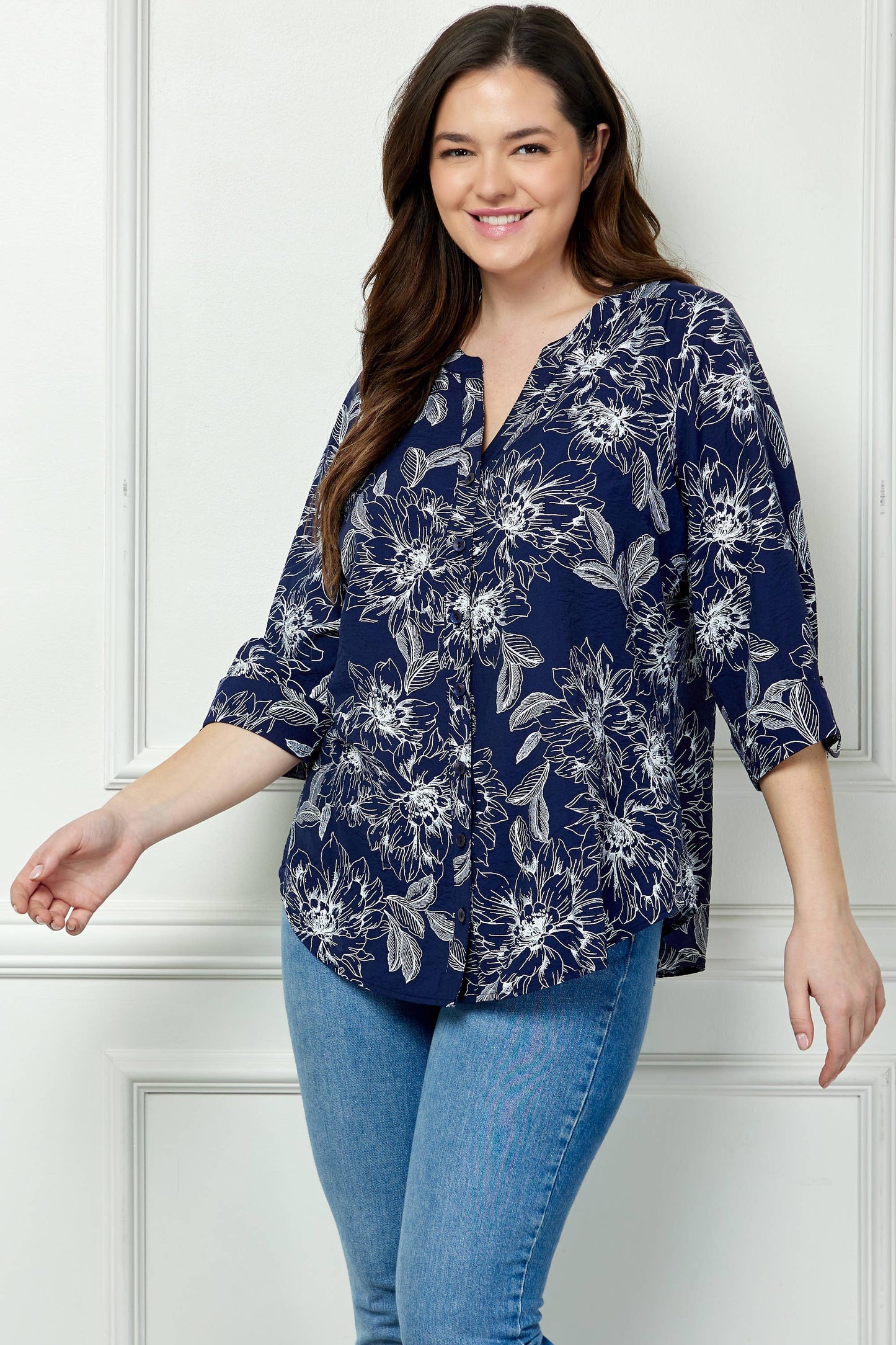 PLUS SIZE ROLL-TAB MANDARIN COLLAR BLOUSE