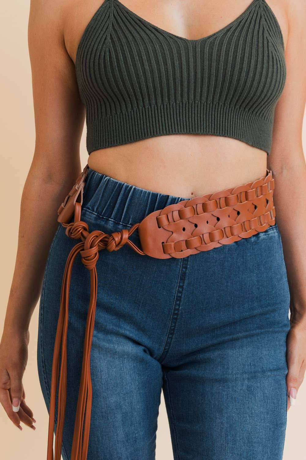 Woven Leather Waist Tie Up Belt
