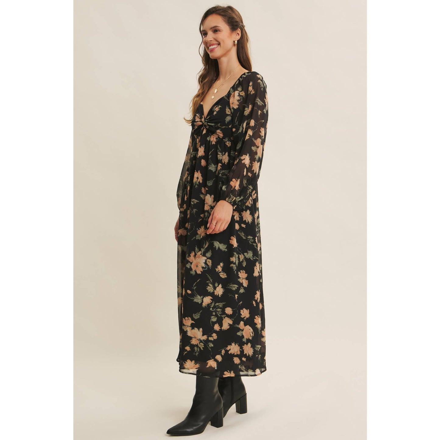 FLORAL CHIFFON MIDI DRESS