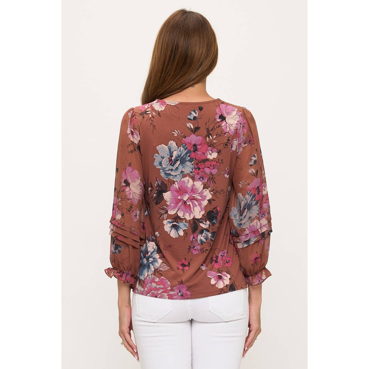 PINTUCK FLORAL V NECK BLOUSE
