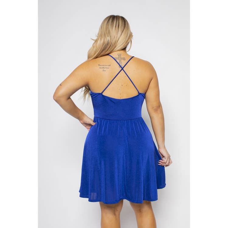 PLUS SIZE V NECK FLARE CROSS BACK MINI DRESS