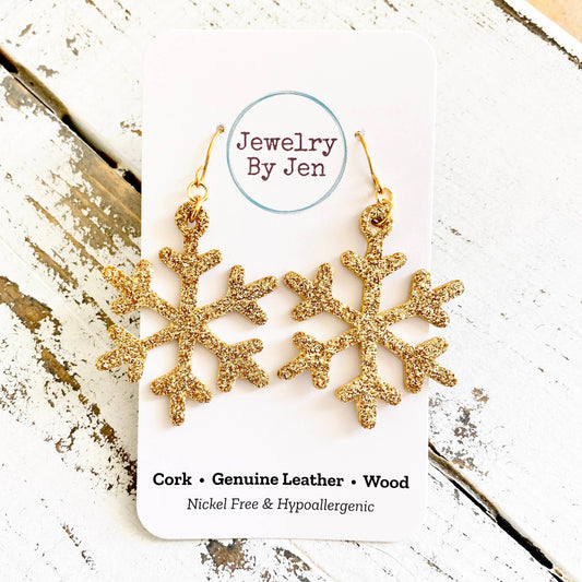 Snowflake Gold Christmas Earrings Glitter