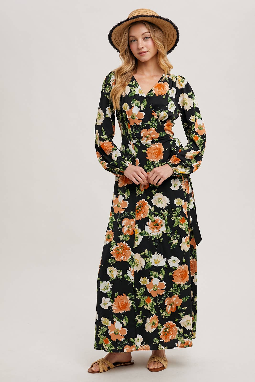 FLORAL SATIN WRAP MAXI DRESS
