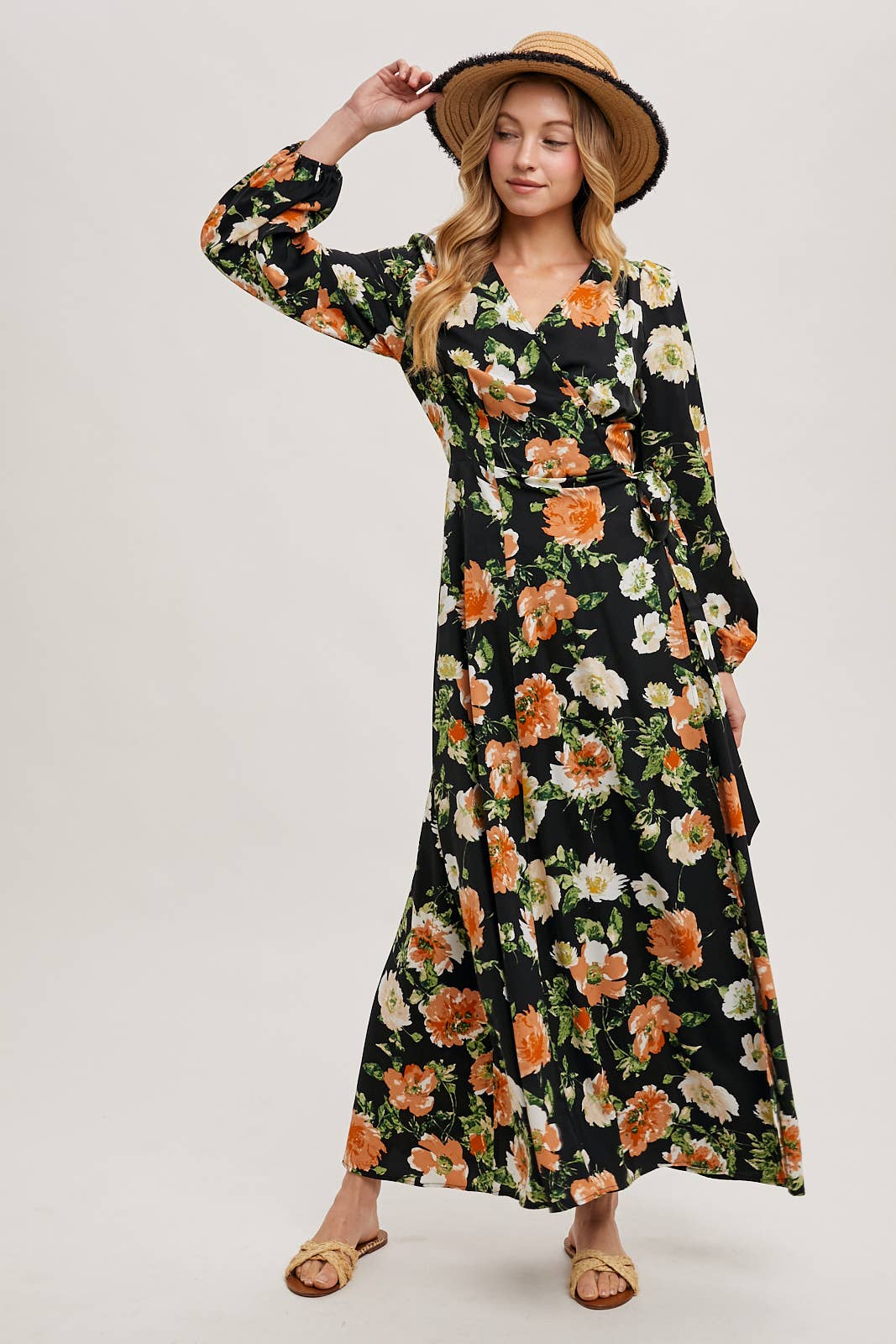 FLORAL SATIN WRAP MAXI DRESS