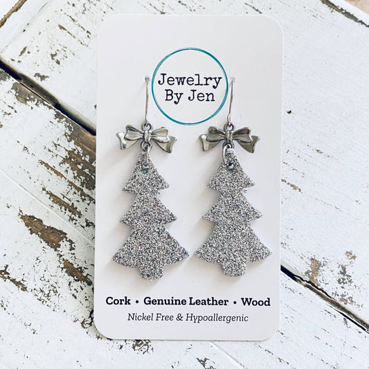 Christmas Tree Earrings: Silver Fine Glitter w/Bow Charm