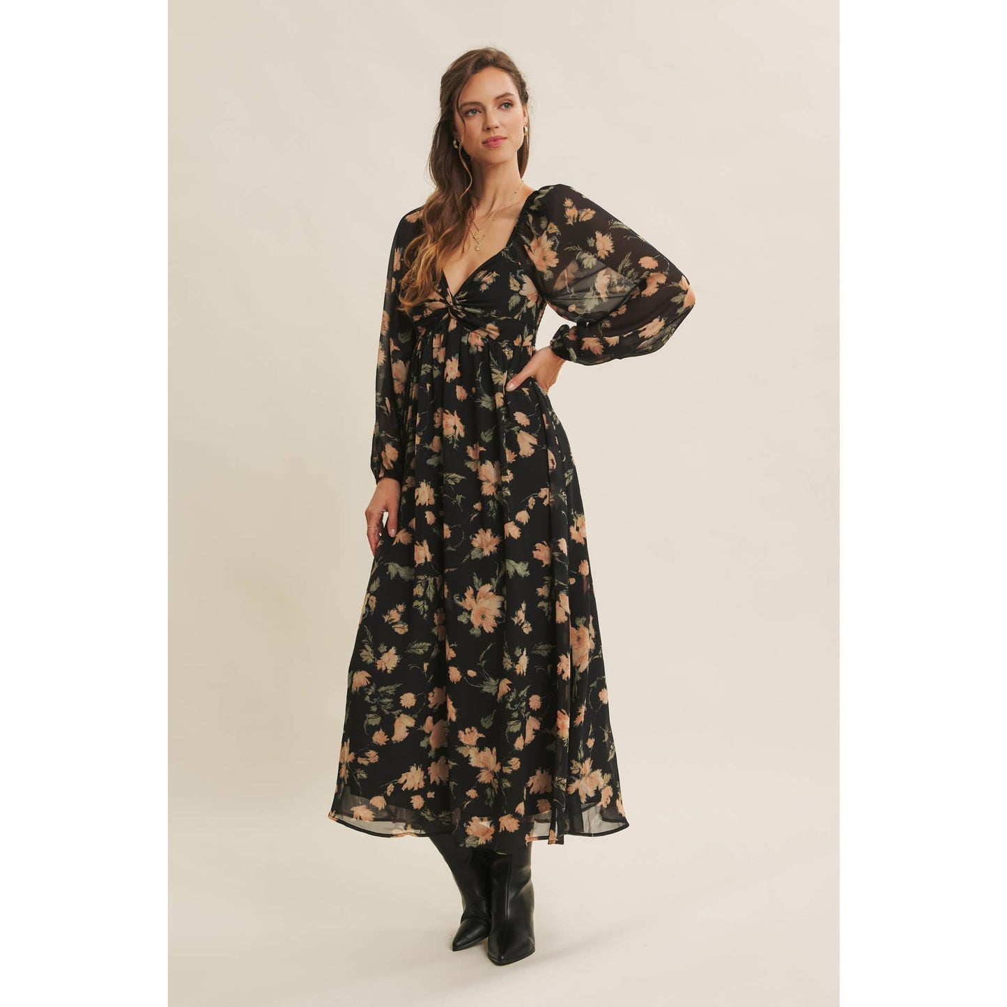 FLORAL CHIFFON MIDI DRESS