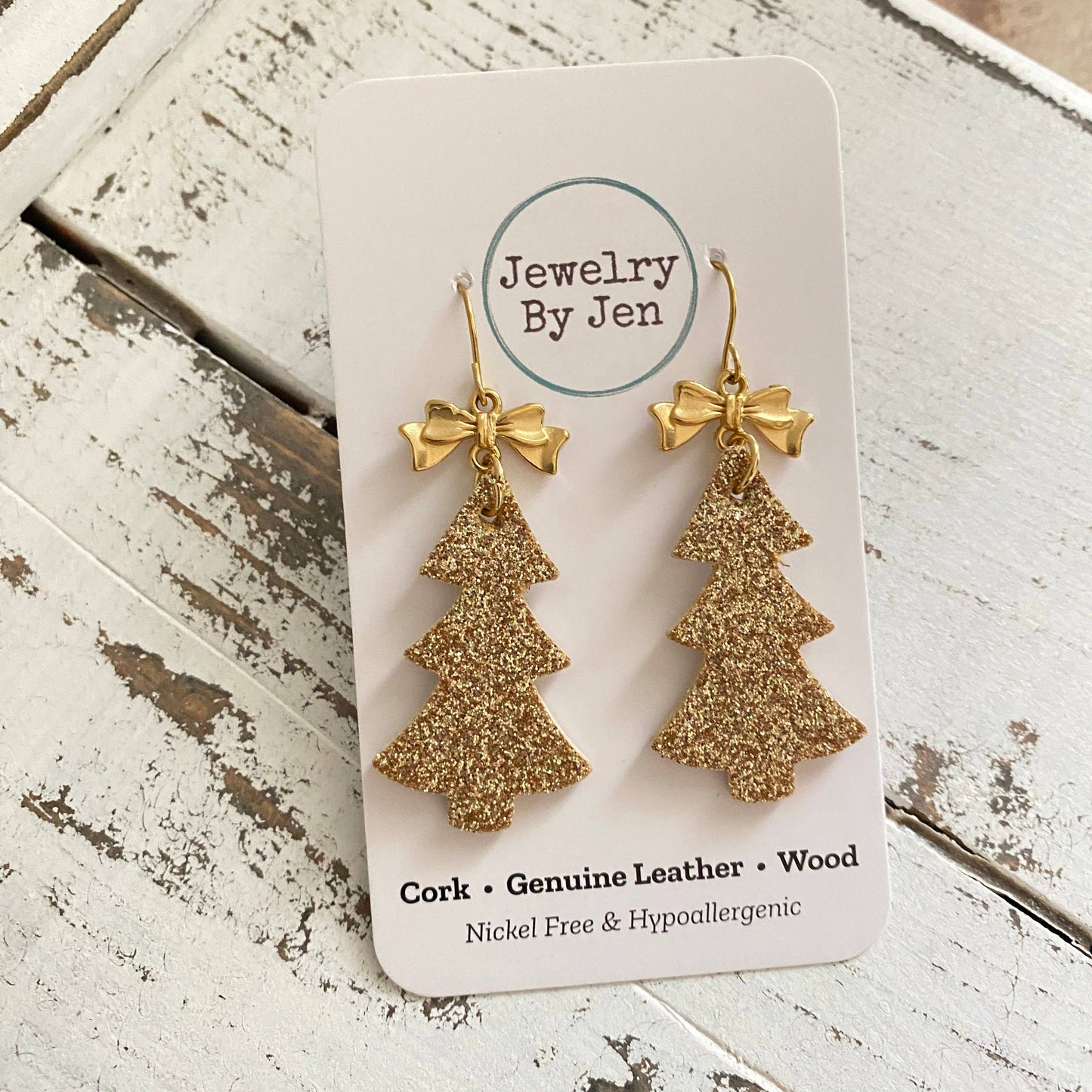 Christmas Tree Earrings: Gold Fine Glitter w/Bow Charm