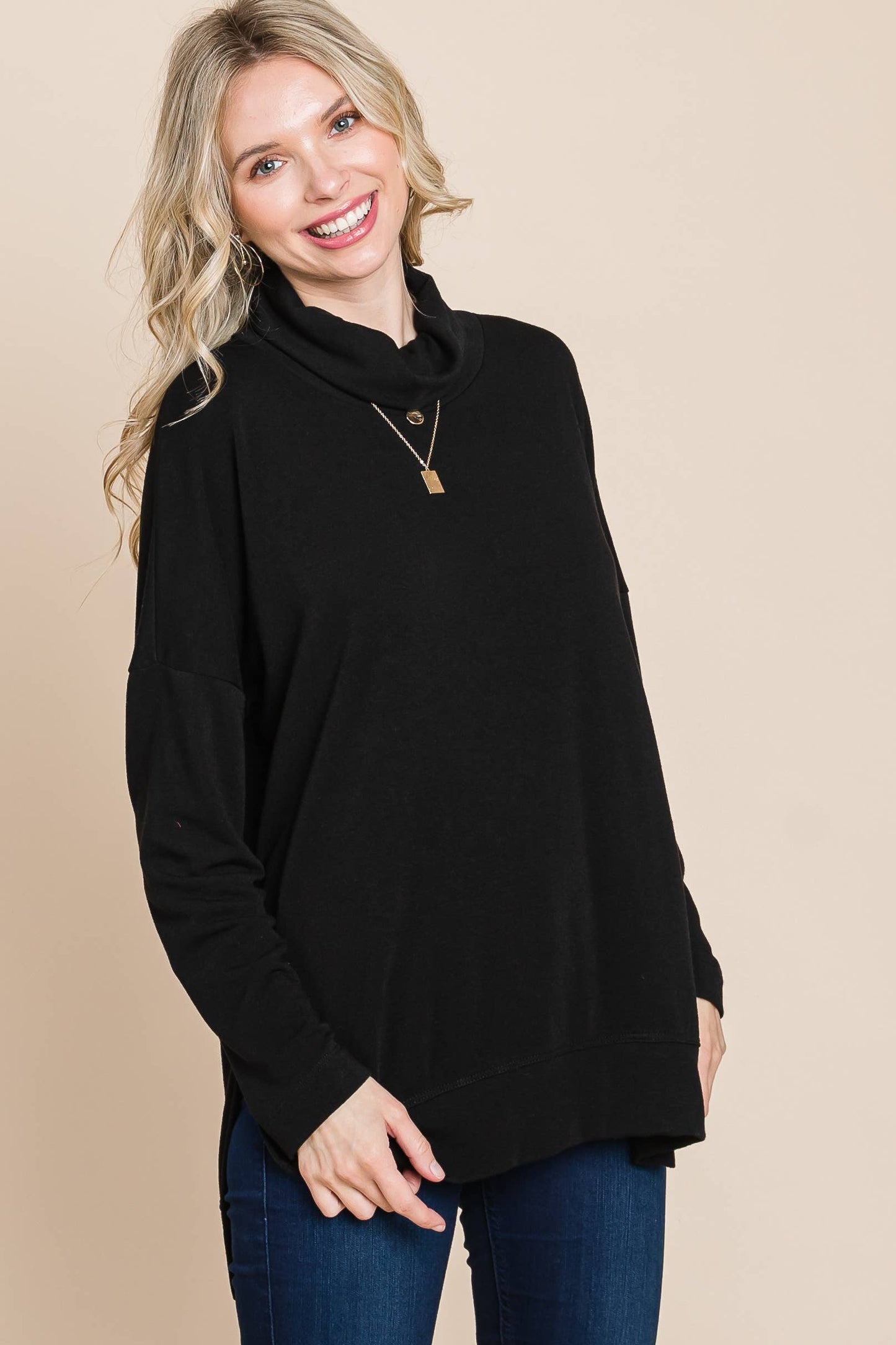 Two Tone Cowl Neck Pullover top