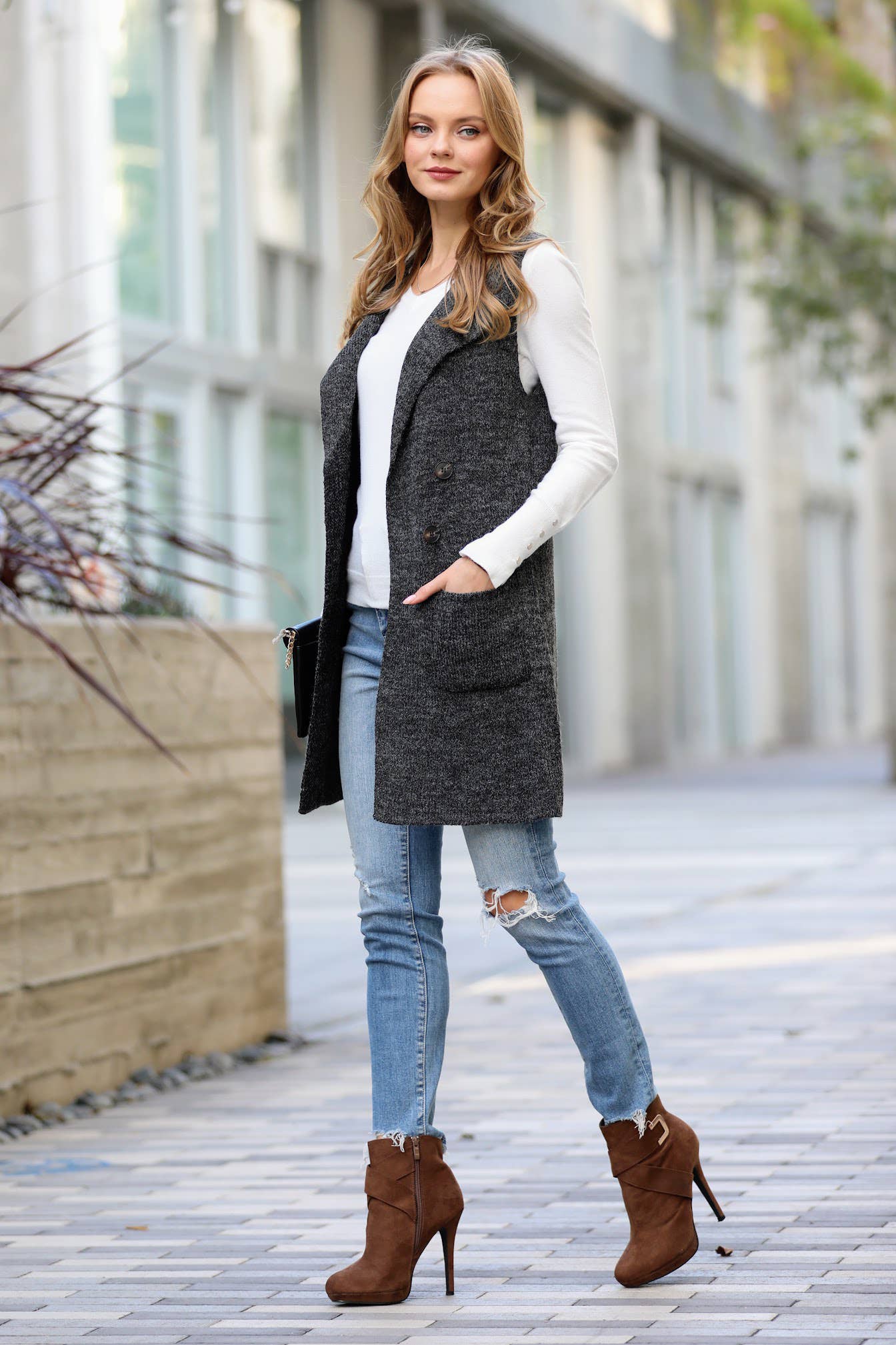 Notched Collar With Side Pocket Long Sweater