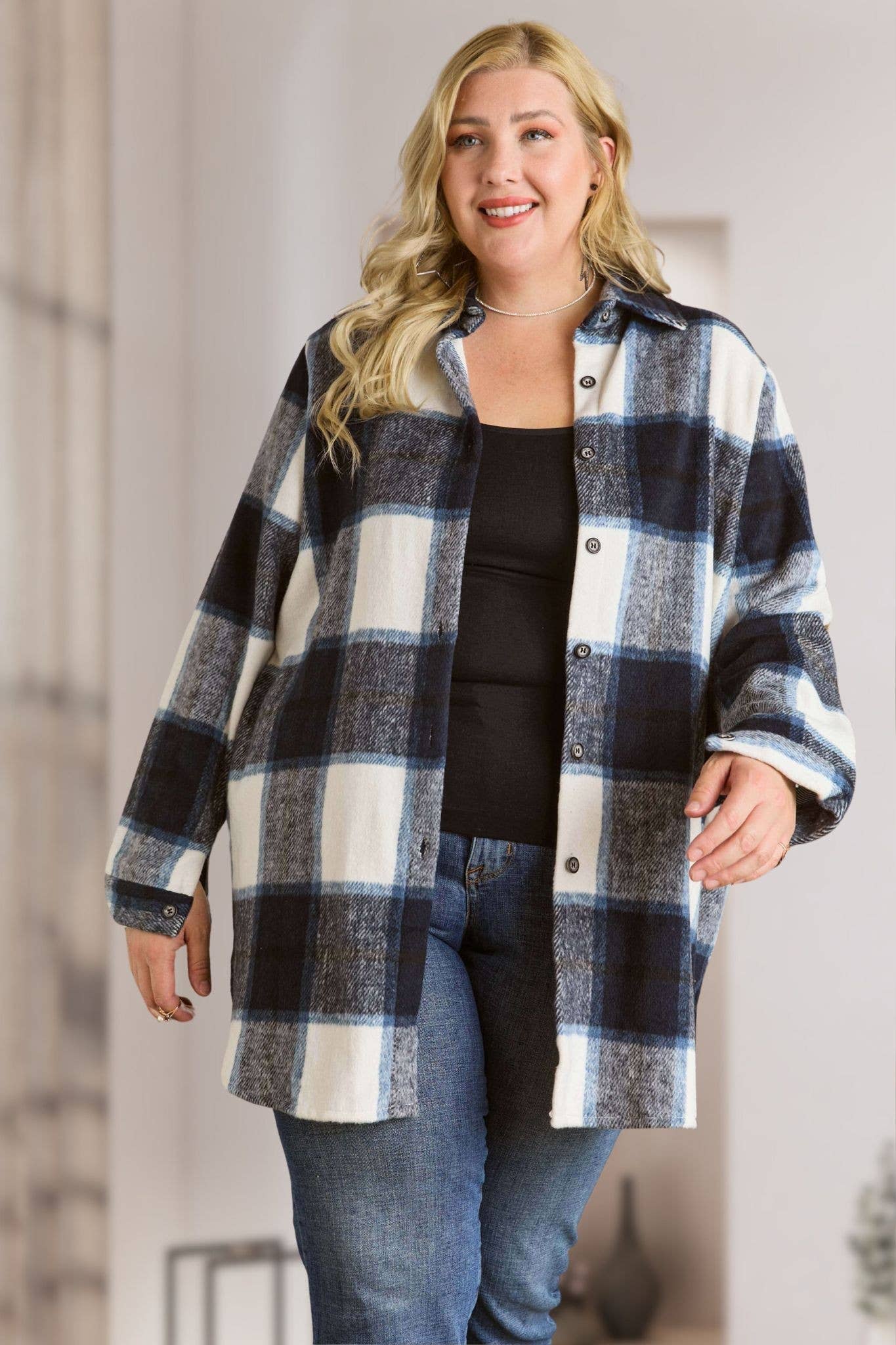 PLUS BUTTON DOWN FLANNEL SHACKET