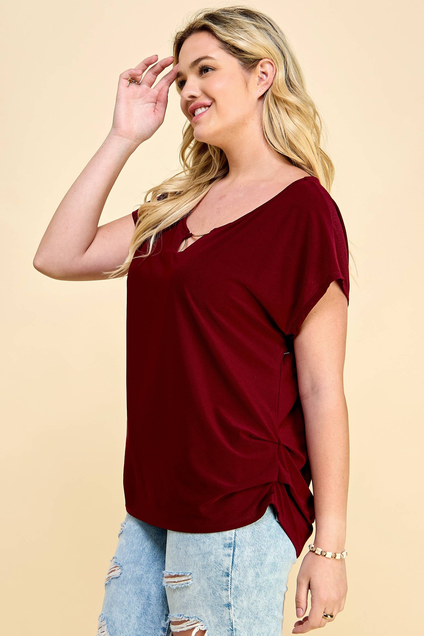 PLUS SIZE GOLD TRIM BAR BROUND NECK TOP