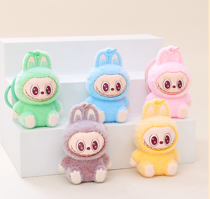Flocking cute monster keychain labubu pendant school gift