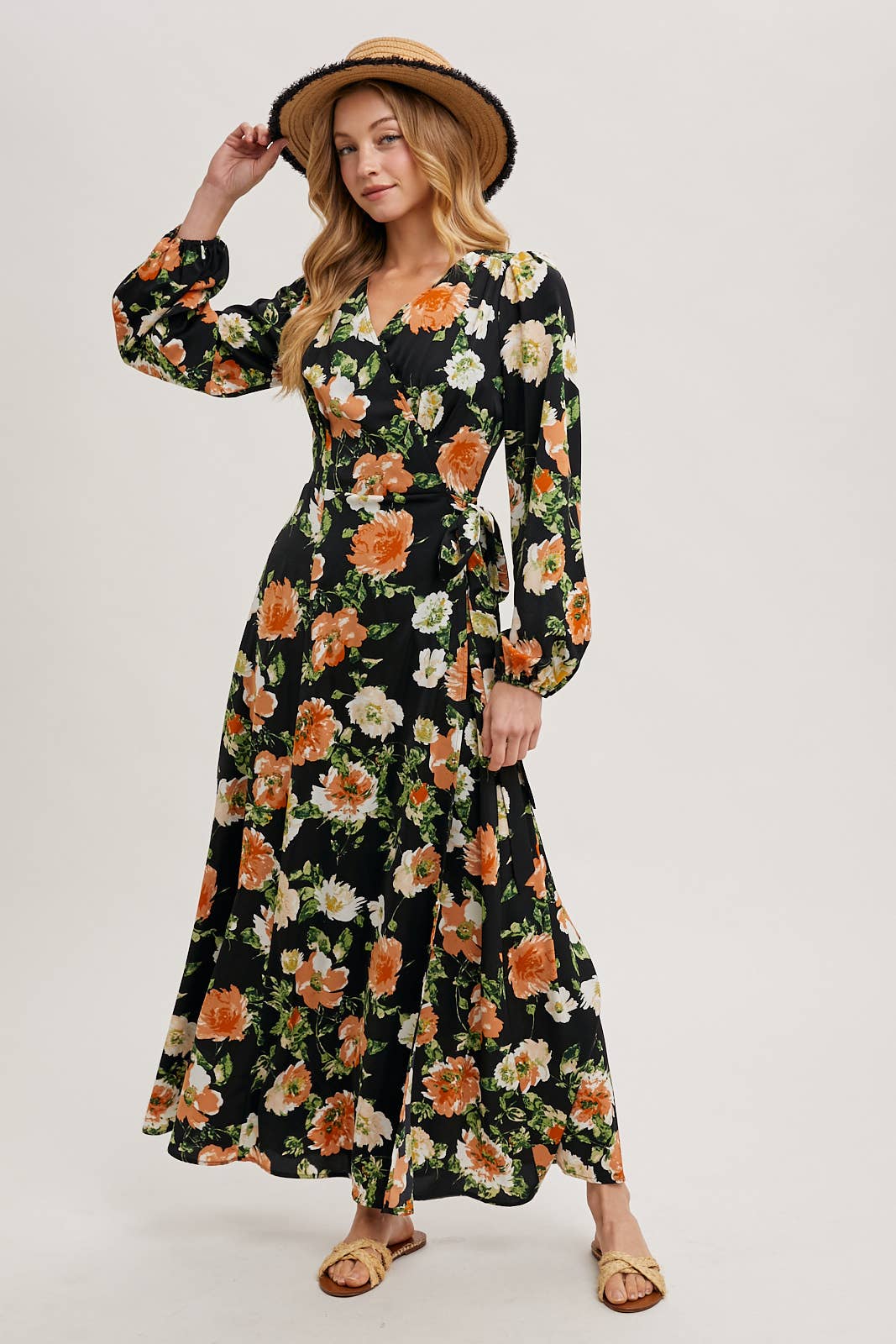 FLORAL SATIN WRAP MAXI DRESS