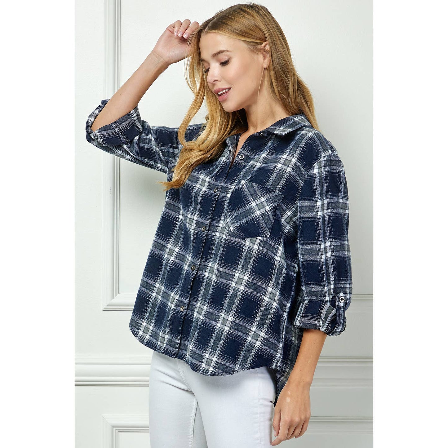PLAID FLANNEL ROLL SLEEVES COLLAR NECK SHIRTS