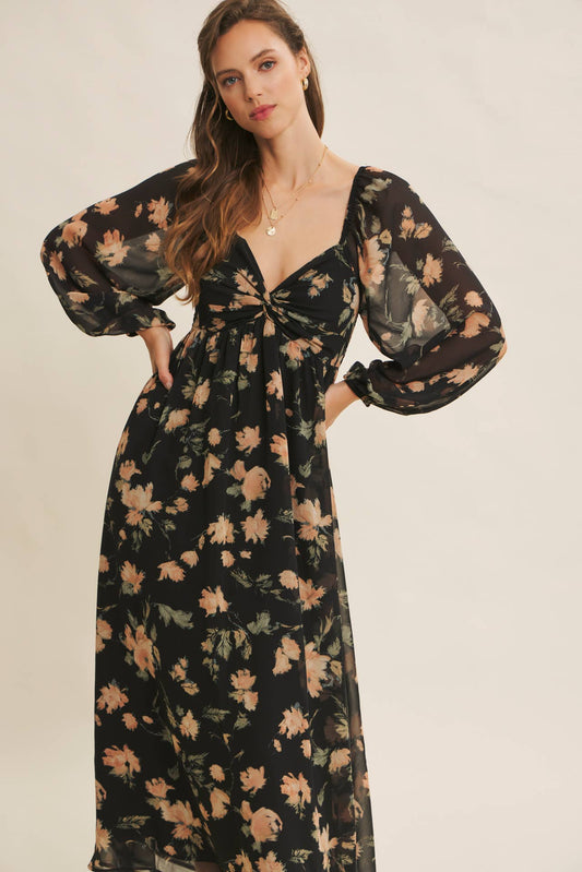 FLORAL CHIFFON MIDI DRESS