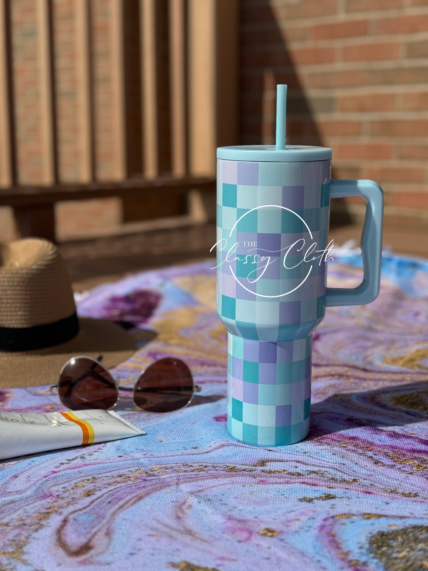 Simple Aqua Checkered Tumbler 40 oz