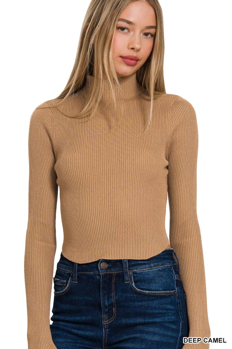 Ribbed Cropped Curved Hem Turtleneck Sweater