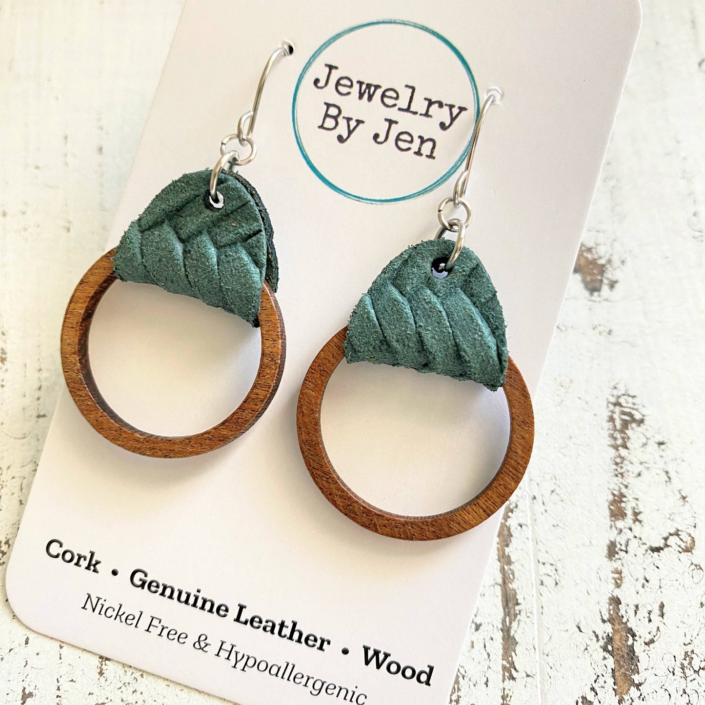 Wood Hoop Earrings:  Pine Green Braided