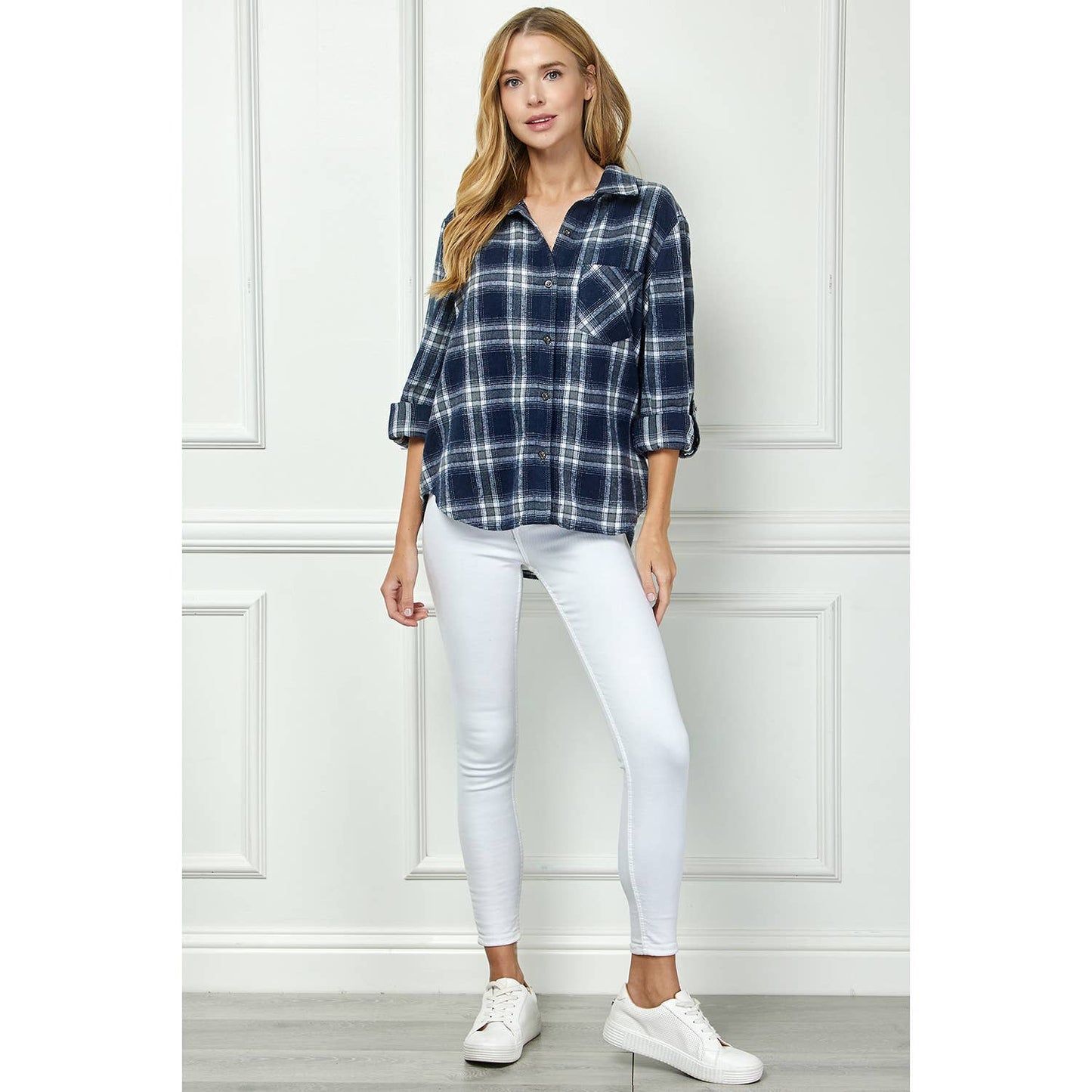PLAID FLANNEL ROLL SLEEVES COLLAR NECK SHIRTS