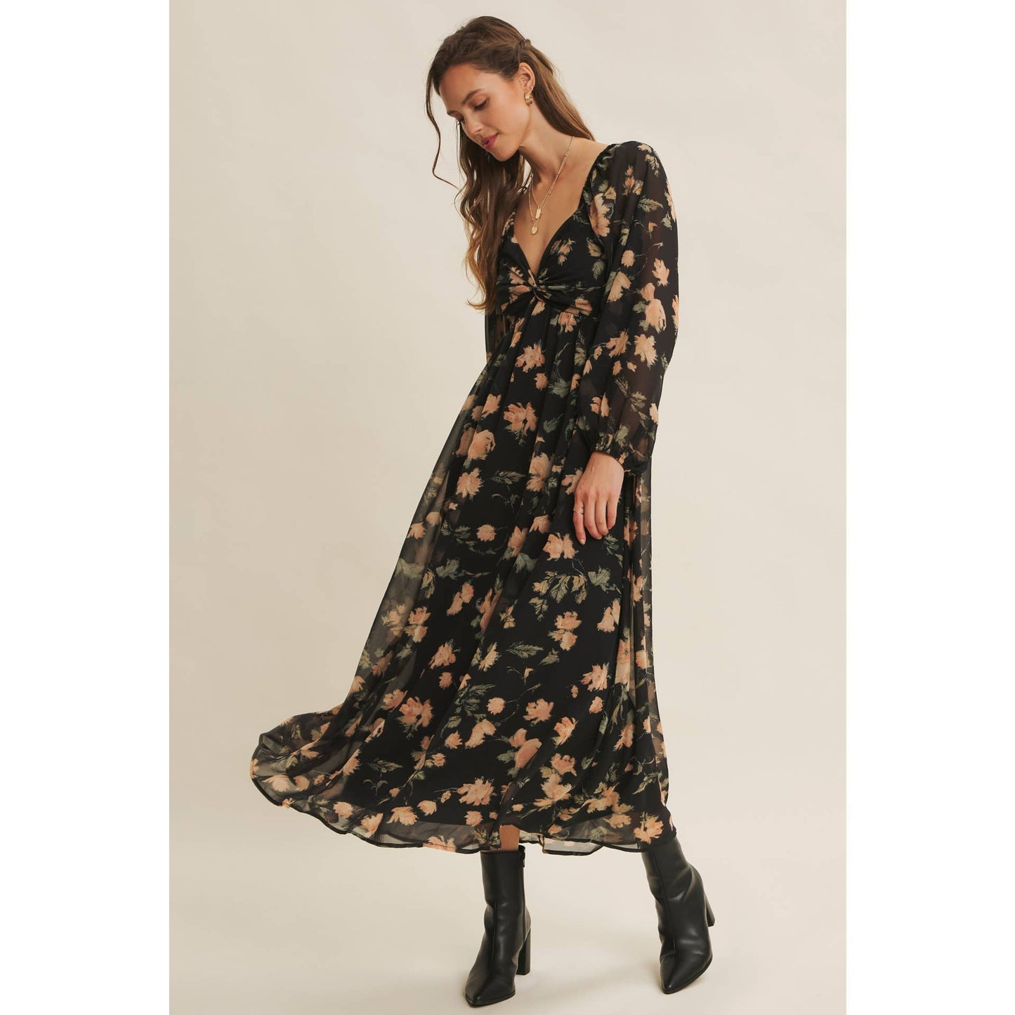 FLORAL CHIFFON MIDI DRESS