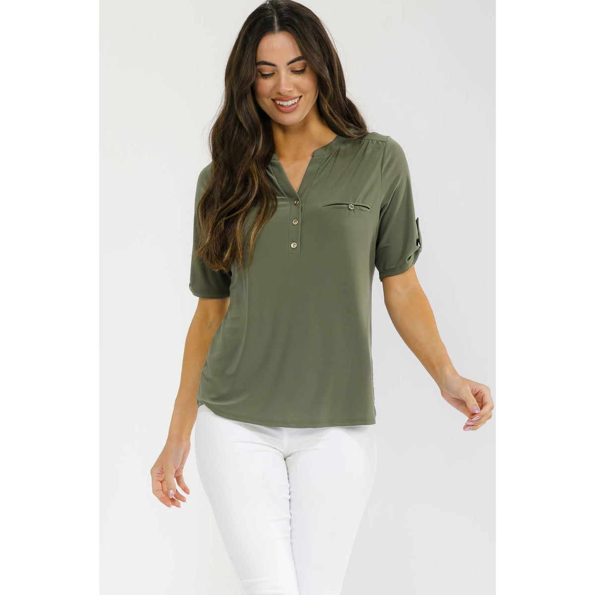 ITY HALF PLACKET FAUX POCKET SHIRT