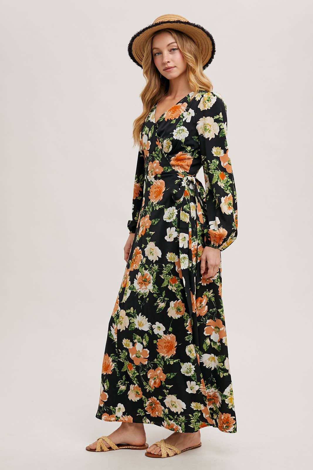 FLORAL SATIN WRAP MAXI DRESS