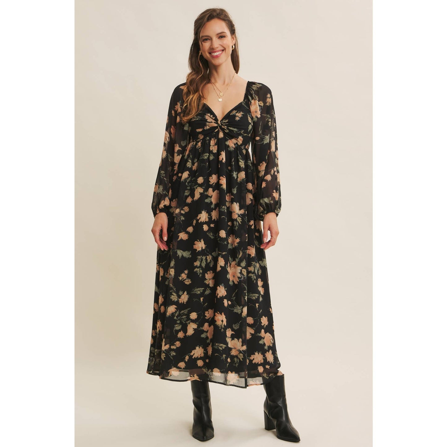 FLORAL CHIFFON MIDI DRESS