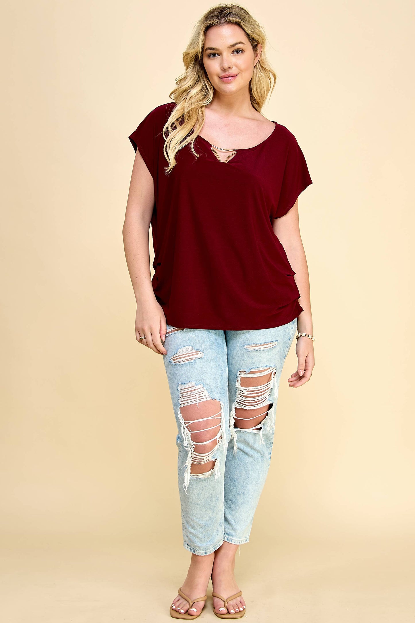 PLUS SIZE GOLD TRIM BAR BROUND NECK TOP
