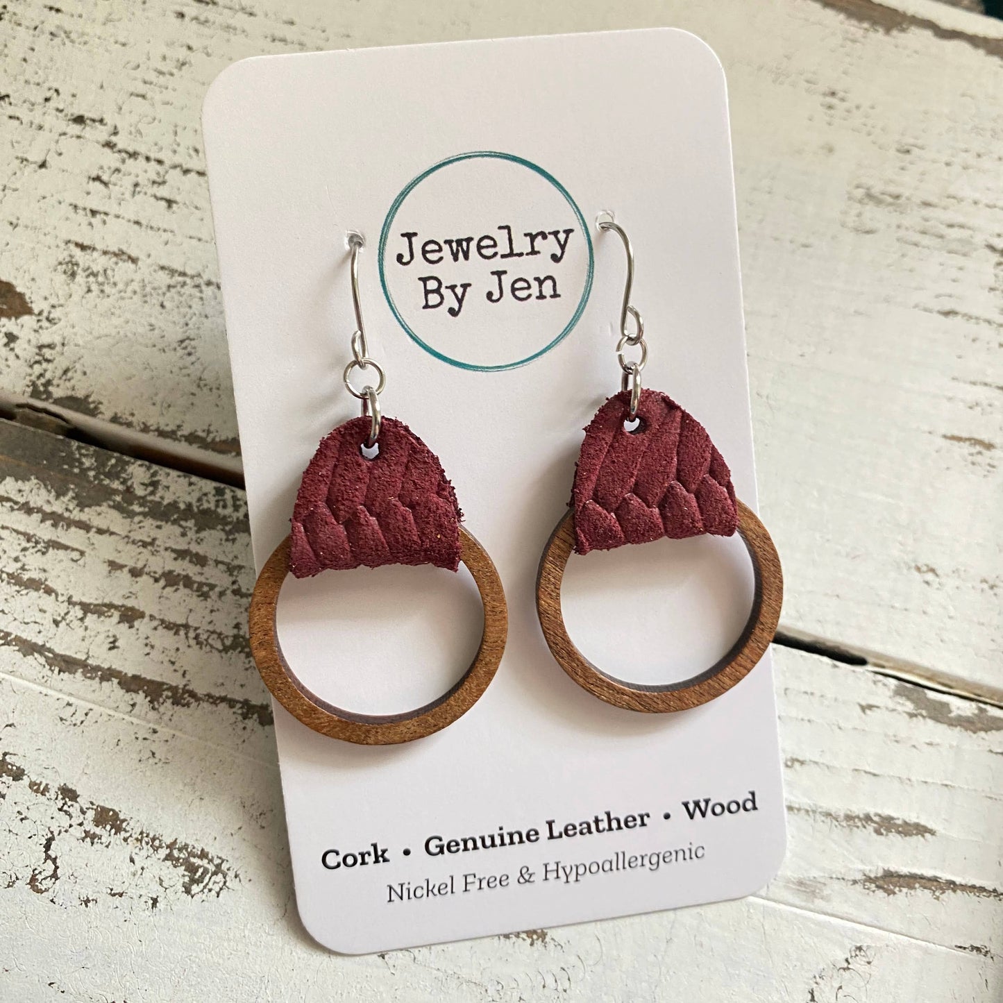 Wood Hoop Earrings:  Burgundy Braided