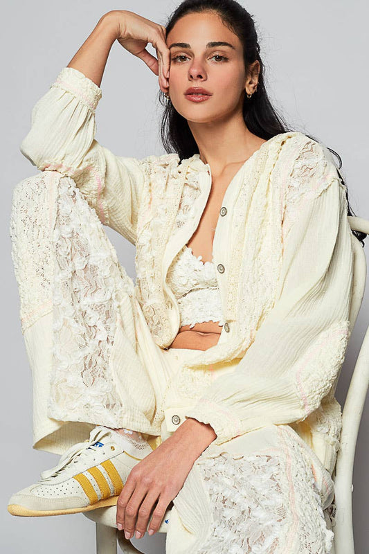 POL Balloon sleeves lace solid knit hoodie jacket