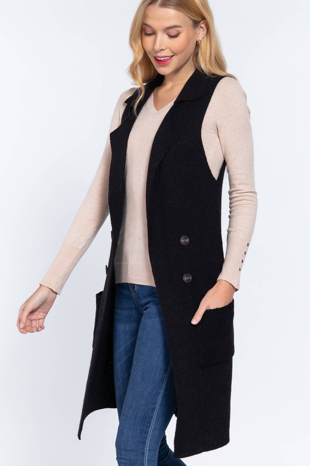 Notched Collar With Side Pocket Long Sweater