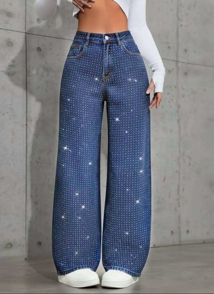 Shiny Rhinestone Straight Wide-Leg Jeans