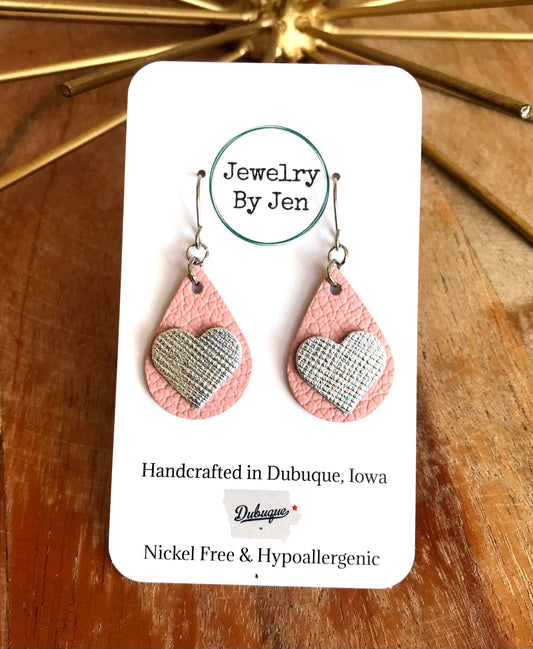 Small Teardrop Earrings: Pink w/Silver Heart sale