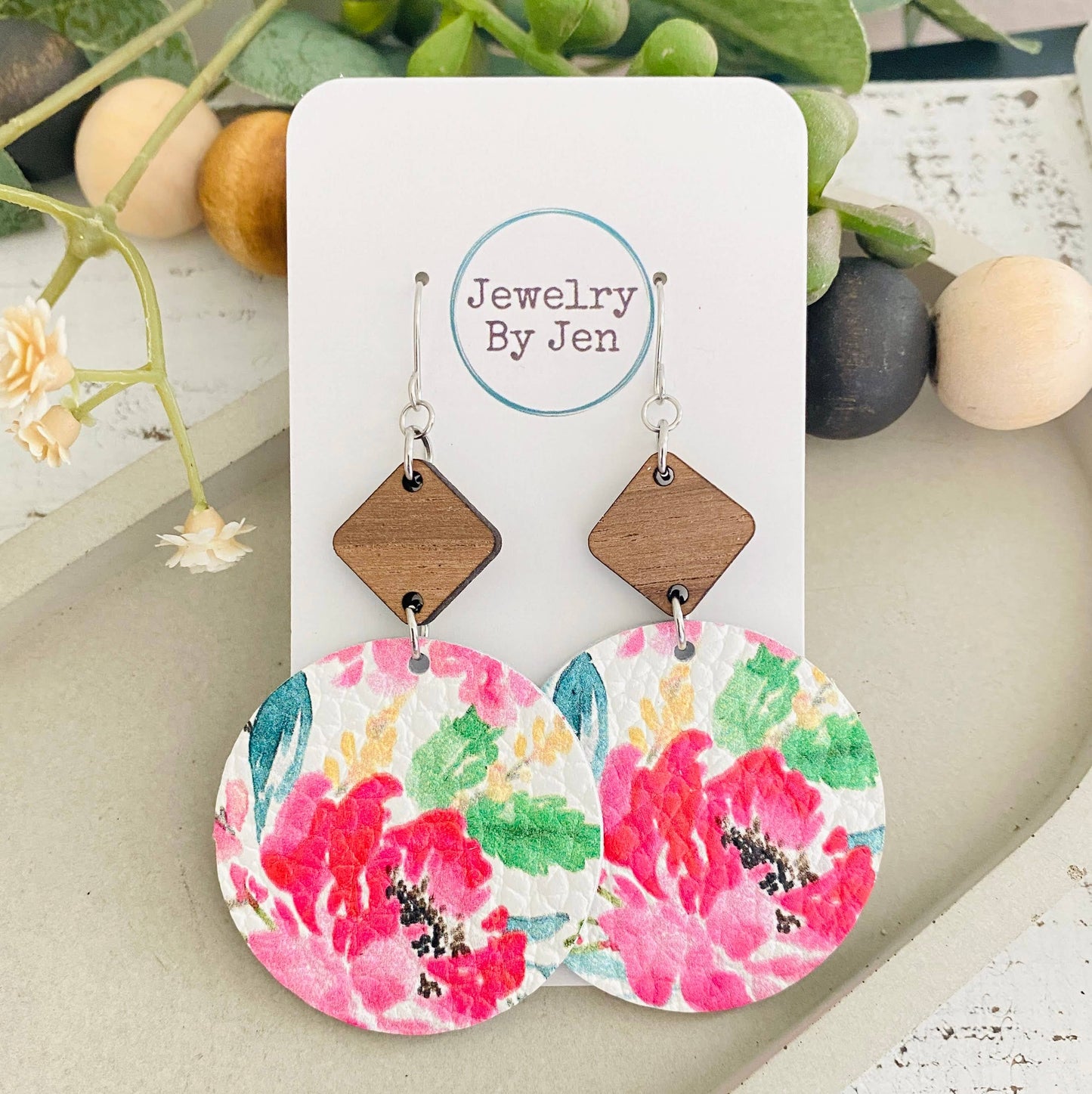 Walnut Diamond w/Watercolor Peonies & Roses Circle Earrings