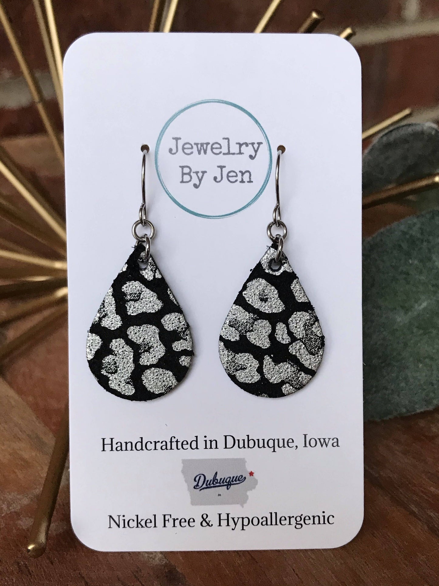 Small Teardrop: Black & Silver Leopard Earrings