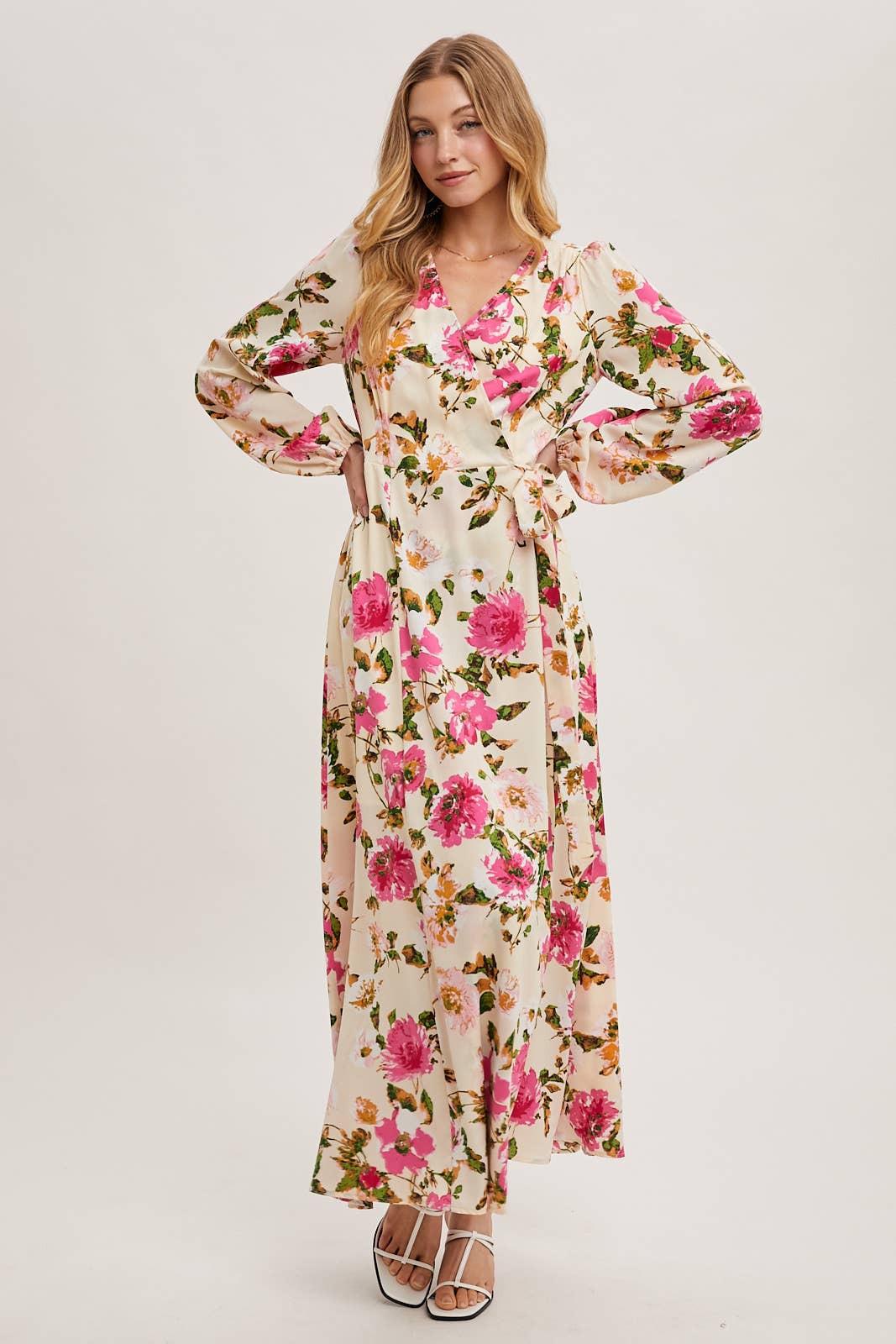 FLORAL SATIN WRAP MAXI DRESS