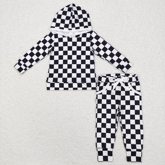 Baby Boys Black Checkered Long Sleeve Hooded Shirt Top Pants