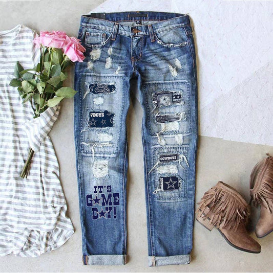 Game Day Distressed Straight Leg Ripped Denim Jeans